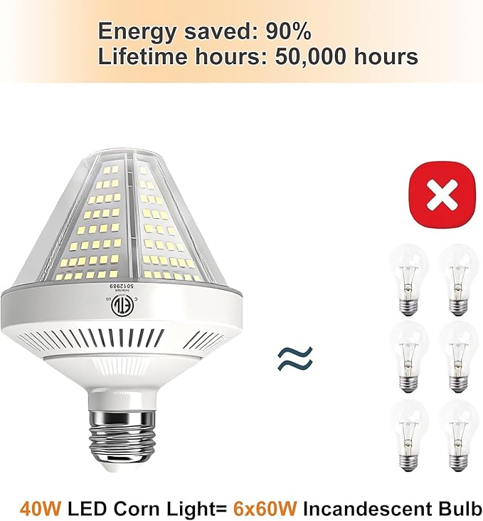 6000 Lumen LED Corn Cob Light Bulb, 40 watt, 400 watt Equivalent, 5000K Daylight Light, E26 E27 Base, Garage Light Bulb, 100-277v Energy Saving LED Lights for Indoor Outdoor 2 Pack
