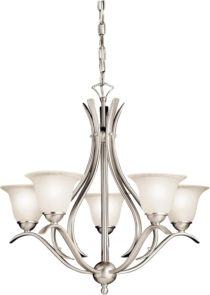 Kichler Dover 23" Chandelier in Brushed Nickel, 5-Light Classic Foyer or Dining Room Chandelier with Etched Seeded Glass, (23" H x 24" W), 2020NI