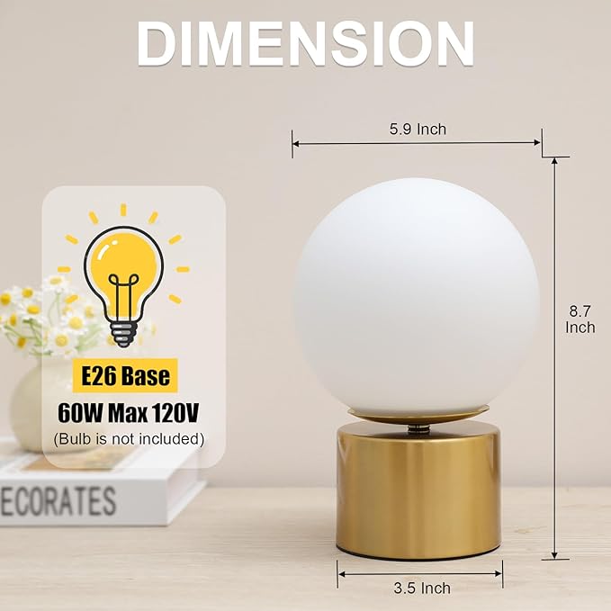 9 Inch Modern Gold Globe Table Lamp, Vintage Mid Century Round Table Lamp with White Glass Shade Metal Base for Bedroom Bedside Lamp Living Room End Table