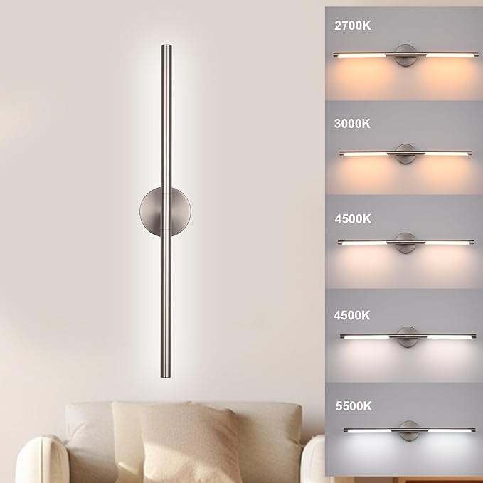 BONLICHT Brushed Nickel Bathroom Light Fixtures 24inch Dimmable 5CCT LED Vanity Light 12W 350°Rotatable Modern Bath Vanity Lighting Bar Over Mirror Contemporary Indoor Porch Sconces Wall Mount Lamp