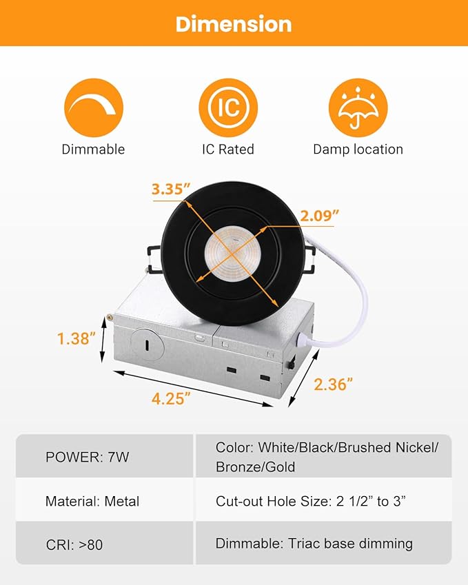 3 inch Black Recessed Lights, 7W Canless Gimbal Soffit Lighting, Canless Lights, 5CCT Dimmable 90°Tilt Wafer 3 inch Light, Retrofit Rotatable Eyeball Swivel Spot Downlight 6 Pack Black