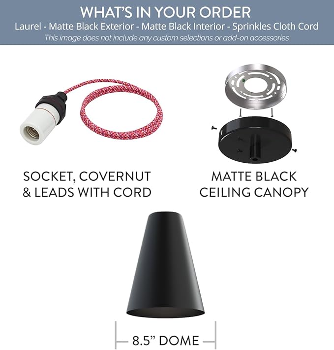 Steel Lighting Co. Laurel Pendant Light | Ceiling Mounted | 8.5 inch Cone Shade | Modern Contemporary Farmhouse Style Made in America | Sprinkles Cloth Cord | Matte Black Exterior/Interior