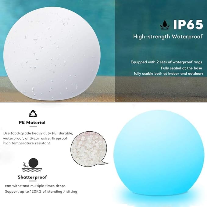 20-inch Large LED Globe Orb Light, Rechargeable LED Ball Light, Dimmable 16 RGB Colors Globe Floor Lamp w/Remote, Indoor/Outdoor Waterproof Glowing Orb Mood Lamp for Home Garden Patio Party