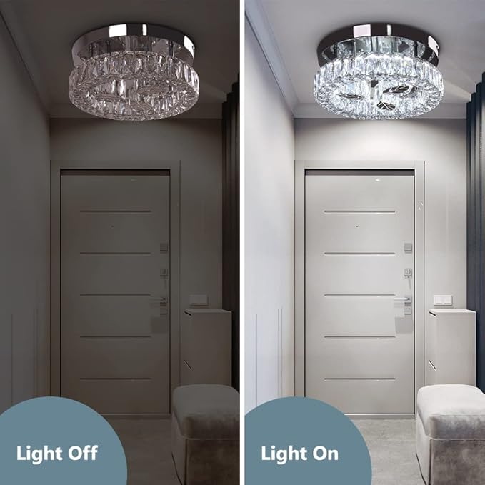 Finktonglan 11.6" Crystal Flush Mount LED Ceiling Light, 30W 6500K Cool White, Round Leaf Design, K9 Crystal & Stainless-Steel, Non-Dimmable, 85–260V