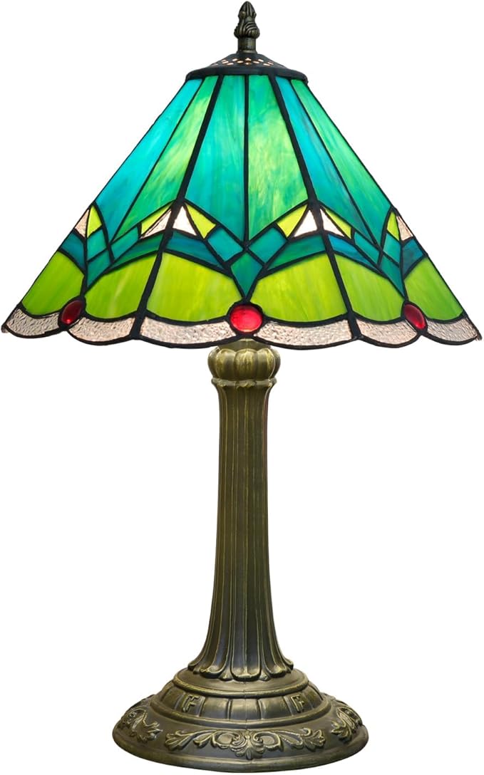 Green Tiffany Lamp Retro Rural Style Farmhouse Teal Bedroom Bedside Reading Light Living Room Hotel Bar Home Decor 12x19 Inch E26 Nightstand Unique Colored Bronze Metal Base Stainred Glass Table Lamp
