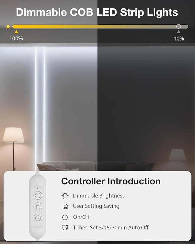 Aclorol 5V COB LED Strip Light 6000K Cold White Waterproof IP67 Dimmable 20FT LED Rope Lights with Timer 10mm Width for Bedroom Kitchen Balcony Railing Pergola Indoor Outdoor Lighting Decoration
