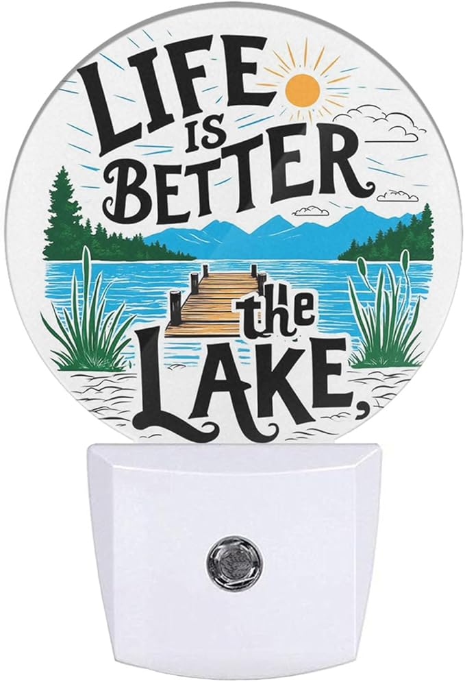 Plug-in Lake Life Inspiration Night Light Dock and Mountain View Nightlight with Dusk to Dawn Sensor, Auto On/Off 0.5W Energy-Saving LED Lighting for Men Women Boys Girls Gift