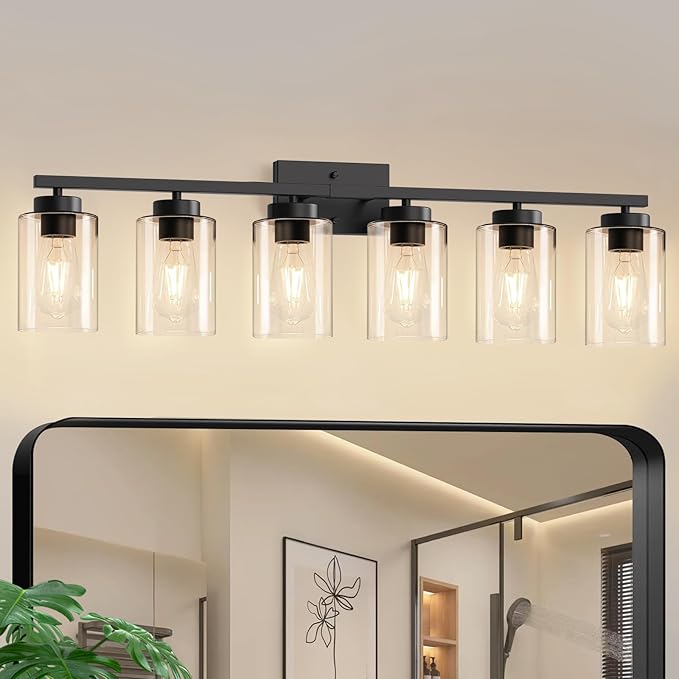 IZORRO Black Bathroom Vanity Light, 6-Light Vanity Lighting fixtures Over Mirror, Wall Lights with Clear Glass Shades, E26 Socket (Bulbs Not Included)
