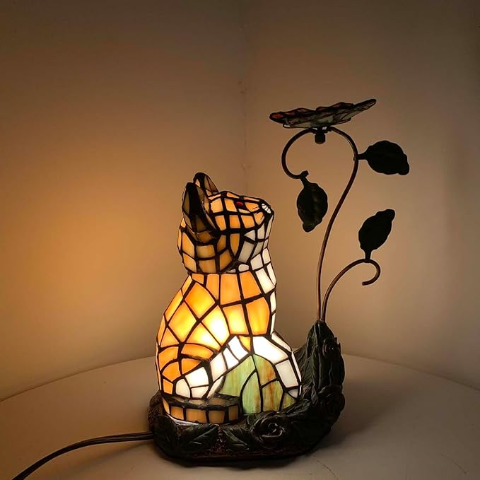 Bieye L10891 Tiffany-Style Stained Glass Cat Accent Table Lamp - Adorable Orange Cat Watching a Butterfly - 10-Inch Tall