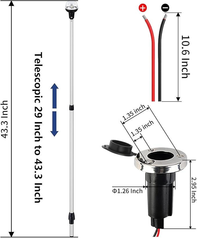Telescoping Stern Light Anchor Light LED Extension Boat Navigation Lights Pole with Base USCG 2 NM All Round White Detachable Plug in 10-30 Volts From 29 to 43 Inches