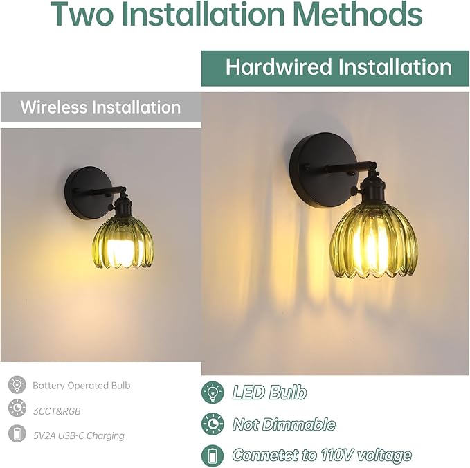 Vintage Wall Sconce with Cute Green Tulip Glass Lampshade 180 Degree Adjustable Black Sconce Hradwired Modern Wall Lighting Fixture with Switch for Bedside Bedroom Doorway
