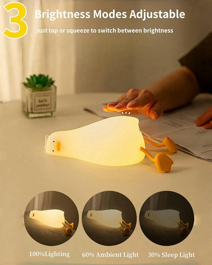 Lying Flat Duck Night Light, Squishy Duck Lamp with Tap Control, 30-Min Auto-Off Timer, Rechargeable Silicone Bedside Lamp for Kids Adults, [Valentines Gifts]