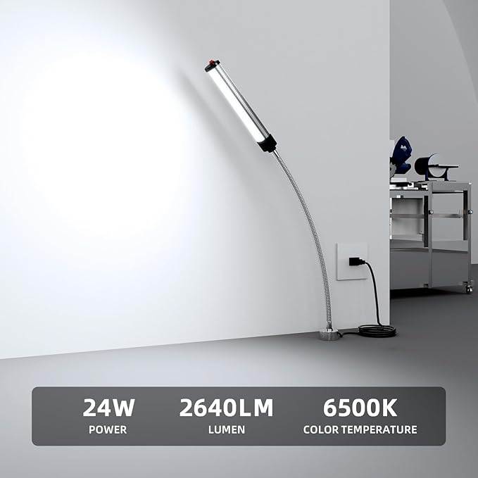 LED Magnetic Work Light, 15W high Brightness,Flexible Gooseneck lamp with Strong Magnetic Base for Lathe Milling Drill Press Industrial Lighting 110-230V Upgrade with Switch