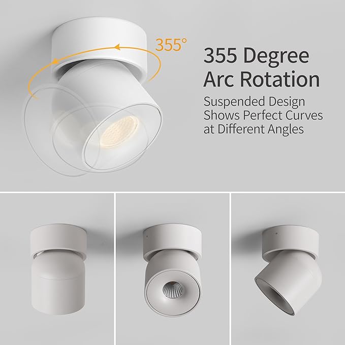 Aisilan LED Indoor White Ceiling Spot Light 7W Surface Mounted Light Fixture with 360° Pivoting Spotlight, Dimmable Warm White 3000K CRI 97+ for Living Room Bedroom