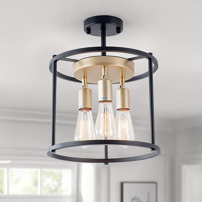 Industrial Semi Flush Mount Ceiling Light Fixture, 3-Light Farmhouse Vintage Black Ceiling Lamp with Adjustable Socket, Rustic Chandelier Metal Cage Shade for Kitchen Hallway Entryway Passway Bedroom