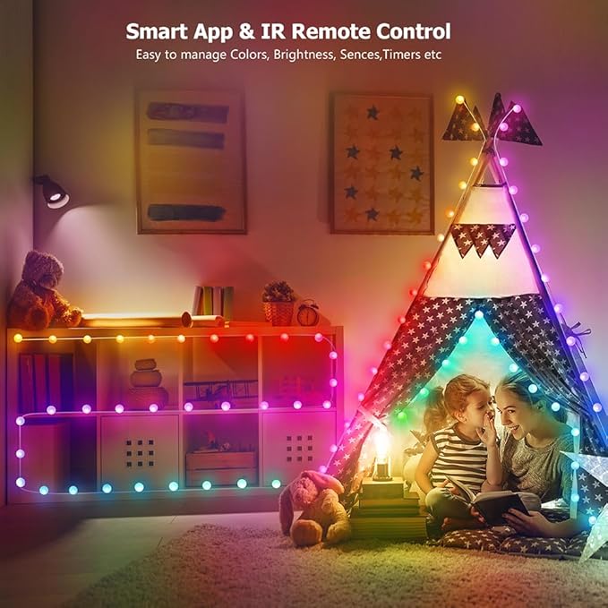 33ft Globe String Lights, 66 LED RGB Color Changing String Fairy Lights, Smart APP & IR Remote Control, 200+ Scene Modes for Bedroom Backdrop Indoor Outdoor Christmas Decorations
