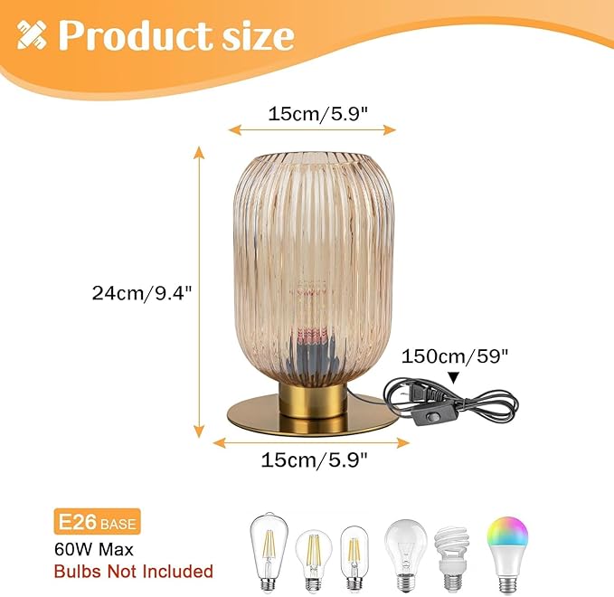 Table Lamp for Bedroom Nightstand Set of 2, Midcentury Modern Table Lamp Living Room Small End Table lamp, Amber Glass Bedside Lamp Gold Bedside Lamp with On/Off Switch on Plug in Cord