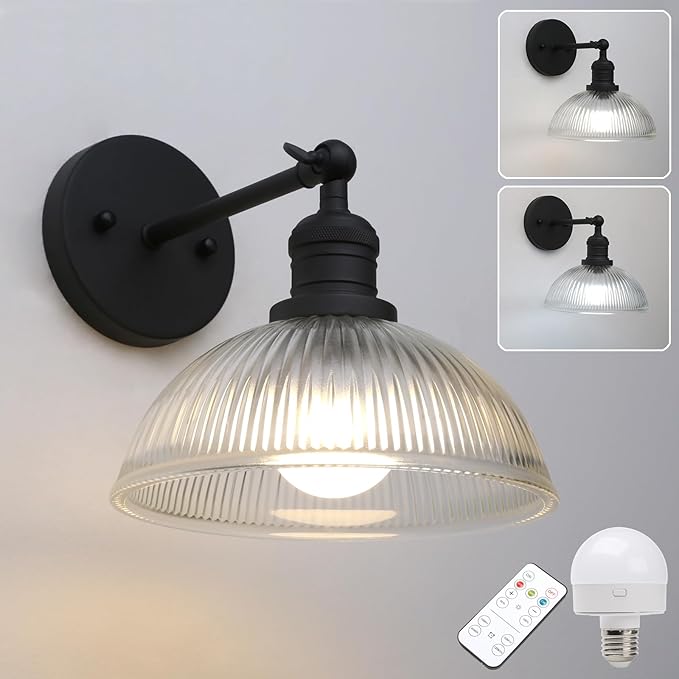 Pathson Battery Operated Wireless Wall Sconce, Rechargeable Modern Wall Vanity Light, Striped Glass Bowl Lampshade, Remote Dimmable Wall Lighting Indoor Led Wall Lamp Fixture for Bedroom Living Room