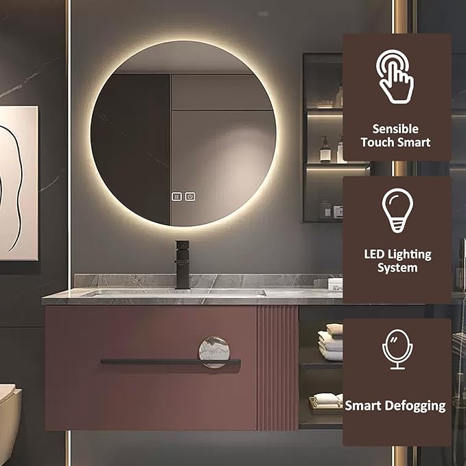 Bathroom Vanity with Sink - Extended Metal Handles & Side Cabinets with Ambient Lighting | Large Storage Space, Floating Wood Bathroom Vanities Sink Set (36'')
