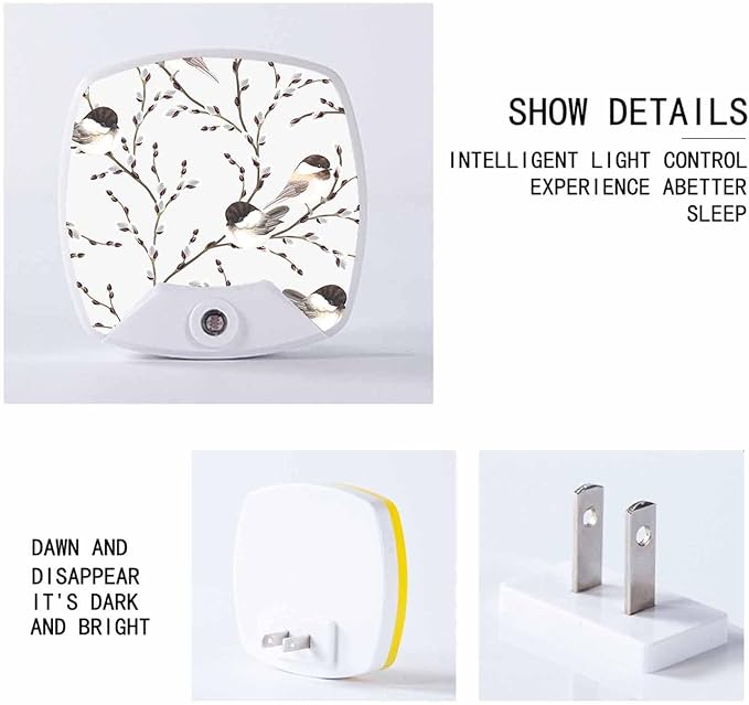 LED Square Night Light,Willow Branches Black-Capped Chickadee LED Night Light Plug into Wall with Dusk to Dawn Light Sensor White Energy Efficient Nightlight for Bedroom Hallway Living Room