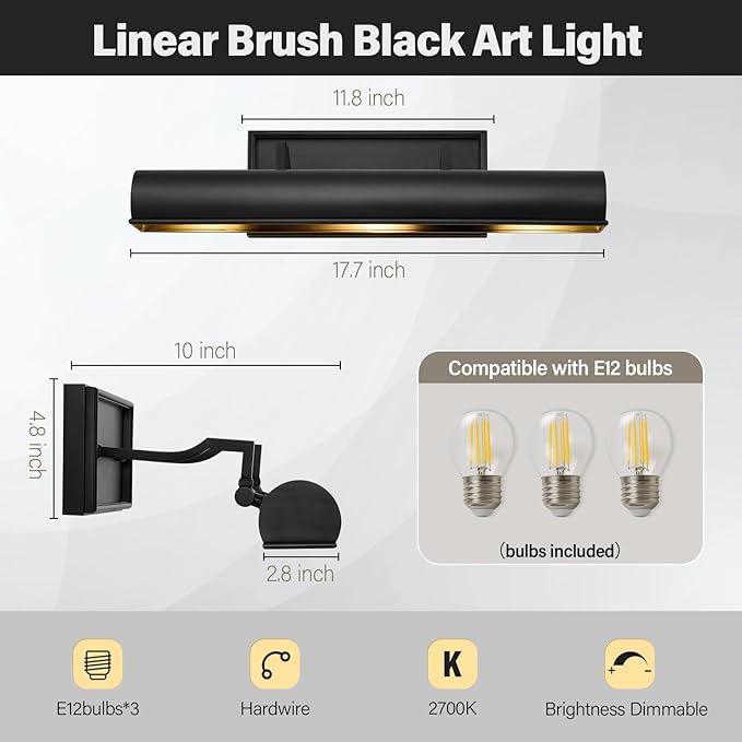 Black Hardwired Art Picture Light: 18 Inch Long Painting Lights - Brass Art Decor Display Wall Sconce Over Painting Frame - Gallery Artwork Lighting Lamps for Museum Portrait Bookcase 3 Bulbs Included
