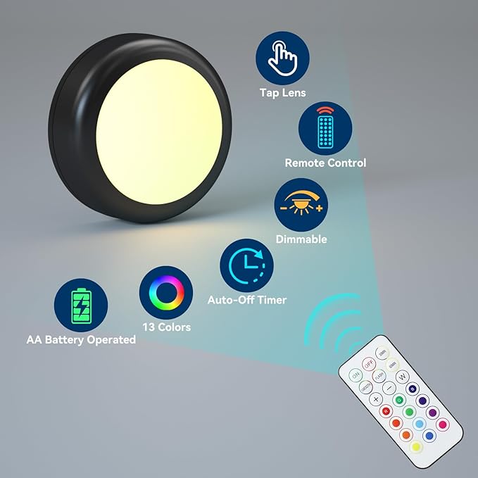 LED Puck Lights with Remote Control, Under Cabinet Lighting Stick on Tap/Push Lights, Battery Operated Closet Light, Wireless Led Wall Lights for Bedroom, Under Counter Light for Kitchen, 2 Pack