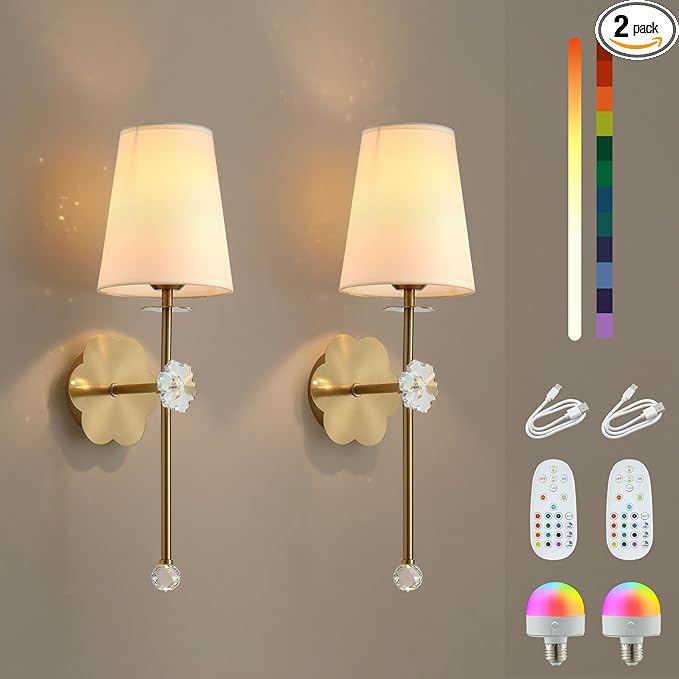 Battery Operated Wall Sconces,Crystal Plum Blossom Decor Rechargeable Wall Lights Set of 2 with Detachable and Remote Cordless Wall Sconce Indoor for Bedroom Living Room Hallway Stairs Gold
