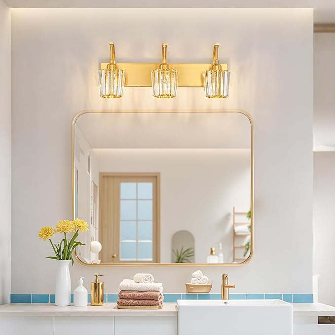 Modern Bathroom Vanity Light, 3-Light Gold Wall Sconce with Crystal Accents, Over Mirror Bathroom Lighting Fixture, 23.62" Long Dimmable Vanity Lamp for Makeup, Easy Installation