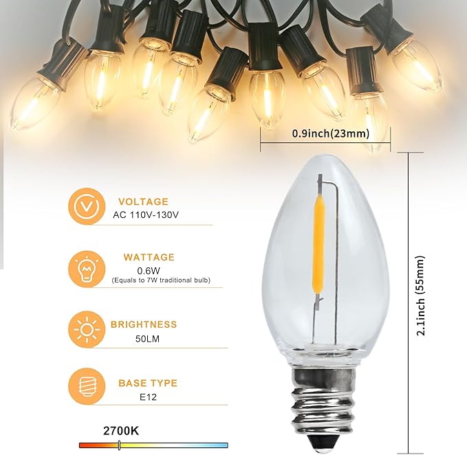 Night Light Bulb – C7 E12 LED Bulbs – Candelabra, 0.6 Watt Equivalent 7W Incandescent Bulb, Warm White 2700K, Window Candles & Chandeliers Replacement Bulb, 12 Pack