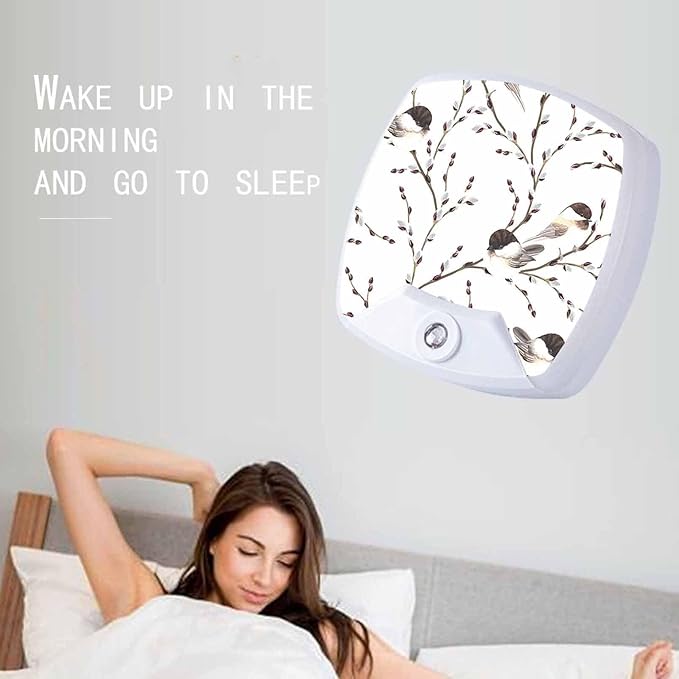 LED Square Night Light,Willow Branches Black-Capped Chickadee LED Night Light Plug into Wall with Dusk to Dawn Light Sensor White Energy Efficient Nightlight for Bedroom Hallway Living Room