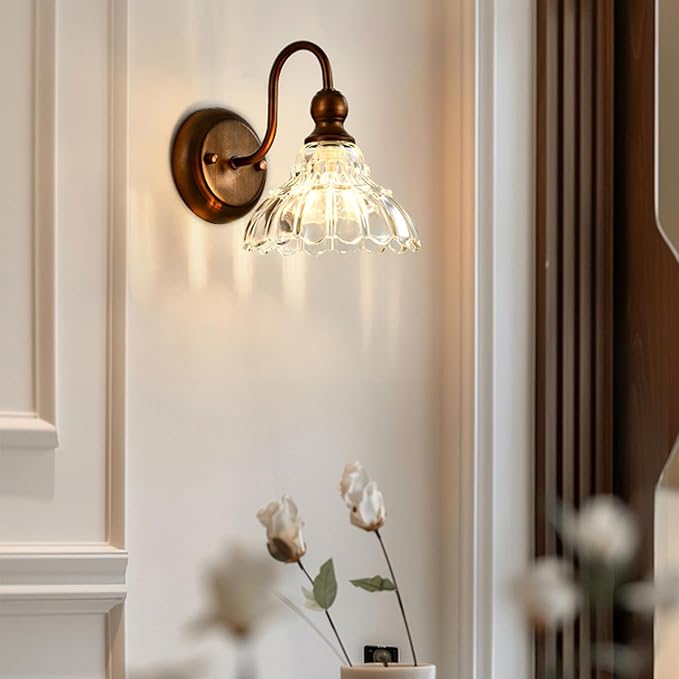 Bronze Wall Sconce Vintage Wall Light Fixtures for Living Room 1-Light Bathroom Vanity Light Hradwired Modern Wall Lamps with Clear Glass Flower Shade for Bedroom Hallway Bathroom