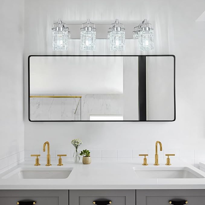 Modern 4-Light Vanity Light with Crystal Glass Shade - Chrome Bathroom Light Fixtures Over Mirror