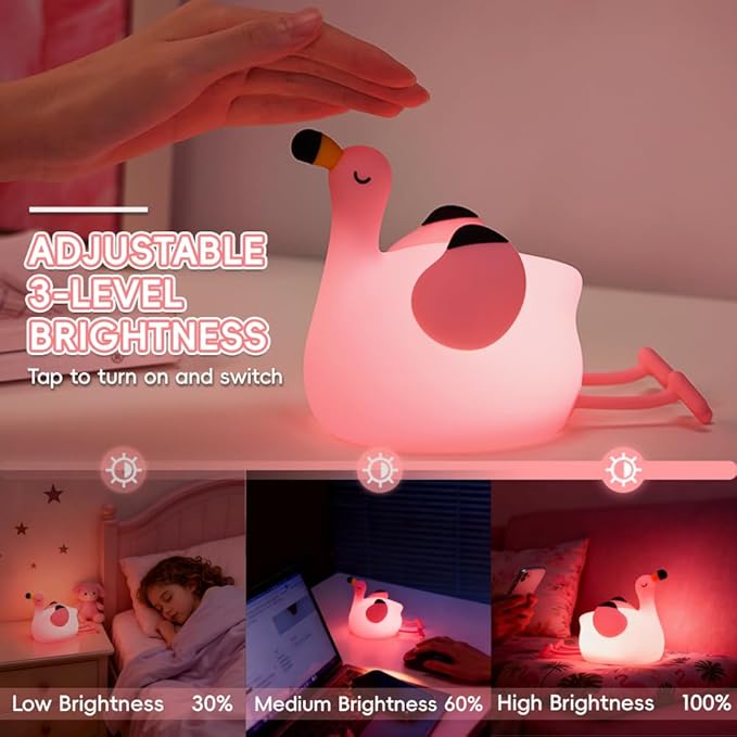 Flamingo Silicone Night Light for Kids, Soft Flamingo Lamp with Timer, 3 Level Dimmable Rechargeable Nursery Bedside Night Light, Creative Room Decor Cute Toys and Gifts for Boys and Girls