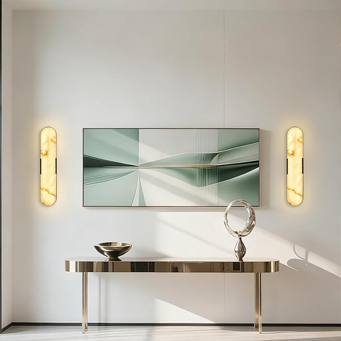 2 Pack Alabaster Wall Sconces 20" Black Modern Vanity Wall Lights with Spanish Natural Marble Lampshade 3000K LED Alabaster Wall Lighting for Hallway Bathroom Bedroom Living Room