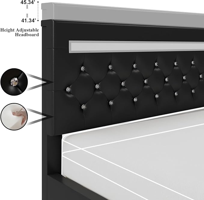 Full Size Bed Frame with LED Lights, Upholstered Platform Bed Frame, Faux Leather Adjustable Headboard with Charging Station, Wooden Slats Support, Easy Assembly, No Box Spring Needed, Black