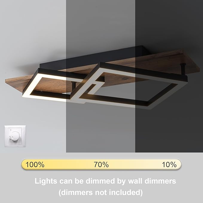 EDISLIVE Modern Wood LED Ceiling Light Square 18.7in Flush Mount Lighting Fixture 24W 3000K Kitchen Ceiling Lights for Bedroom Living Room Kitchen Hallways