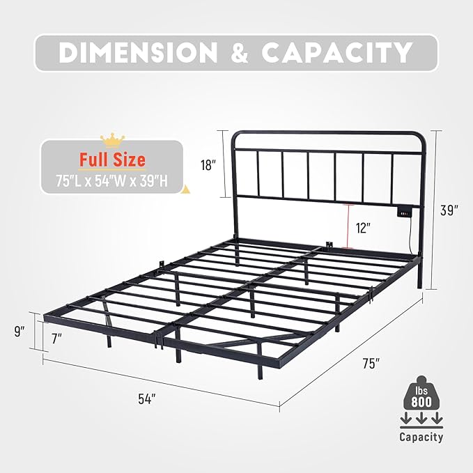 Floating Full Size Platform Bed Frame with LED Lights & Charging Station - Includes Powered Screwdriver for Assembly, Mattress Fasteners & Corner Pads, Hardened Steel