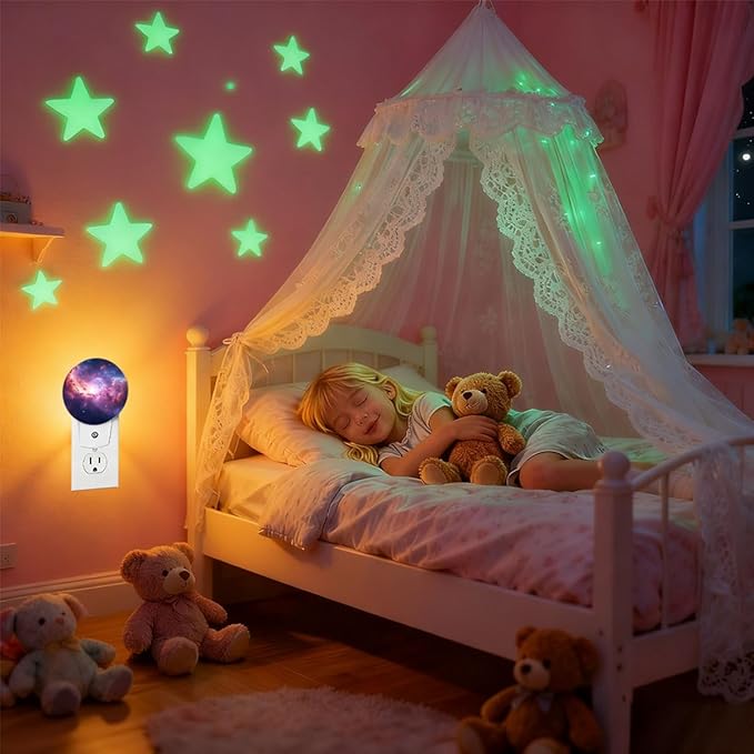 Plug-in Star-Filled Cosmic Night Light Pink and Purple Nebula Nightlight with Dusk to Dawn Sensor, Auto On/Off 0.5W Energy-Saving LED Lighting for Men Women Boys Girls Gift