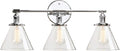 Permo Vintage Industrial Antique Three-Light Wall Sconces with Funnel Flared Clear Glass Shade (Chrome)