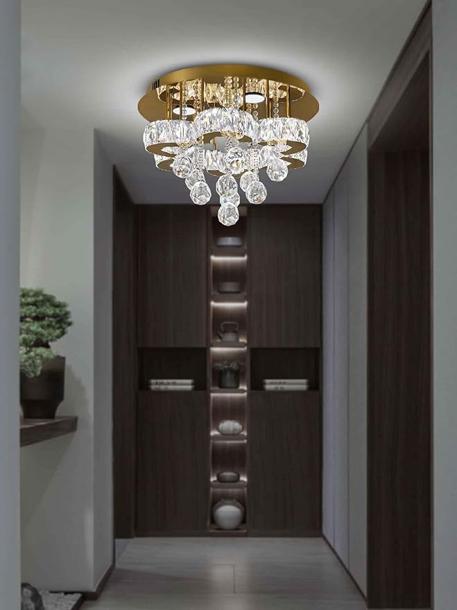 Flashing God 16" Gold Crystal Chandelier Semi Flush Mount Ceiling Light Crystal Close to Ceiling Light Fixtures for Bedroom Living Room Kitchen Hallway Dimmable Lighting 2700k 4500k 6000k