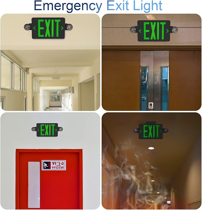 CM MZY Exit Sign with Emergency Lights, Exit Signs Light with Battery Backup,Green Emergency Lights with Black Housing, Two Adjustable Heads, Combo for Business,AC 120V/277V, UL Certified, 2 Pack