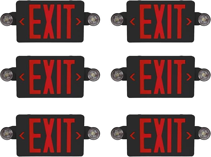 CM MZY Exit Sign with Emergency Lights, Exit Signs Light with Battery Backup,Red Emergency Lights with Black Housing, Two Adjustable Heads, Combo for Business,AC 120V/277V, UL Certified,6 Pack