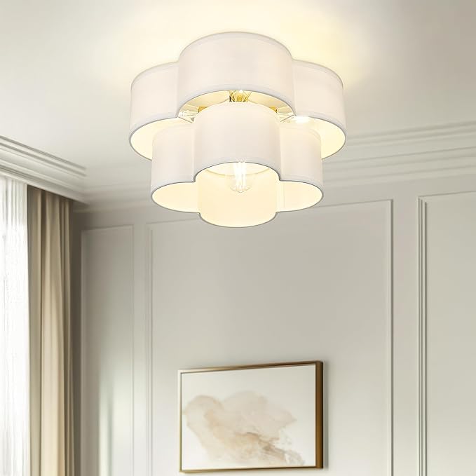 Gold Semi Flush Mount Ceiling Light, 5-Light 18" Ceiling Light Fixtures with Double Fabric Drum Shade in Quatrefoil Shape, Light Fixtures Ceiling Mount for Nursery Bedroom, AD-22007-5SF-GD