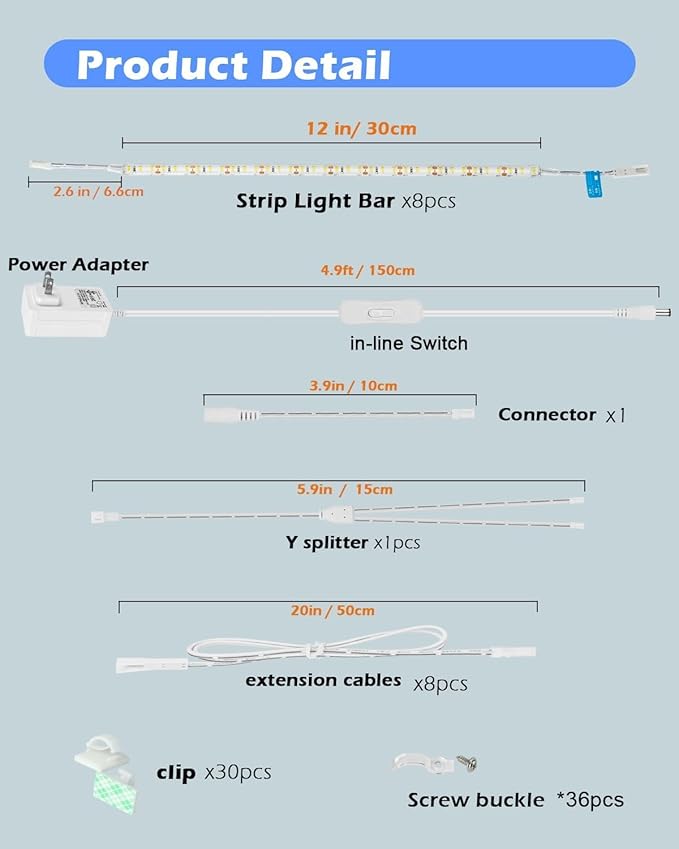 Under Cabinet Lighting, (8) Linkable 12-Inch Flexible LED Light Strips Kit, 20W 2000lm Daylight White, Durable LED Lights for Bookcases, Cabinets, Pantries, Showcase, Closet (Warm White)