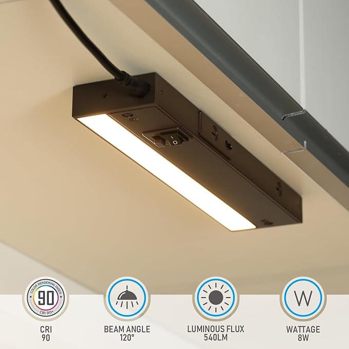 TORCHSTAR LED Under Cabinet Lighting 3CCT, 12 Inch 8W 540LM, Hardwired & Plug-in, 3 Color Selectable CRI90 120V ETL Listed Dimmable Under Counter Lights for Kitchen, Bronze Aluminum Housing, 4 Pack
