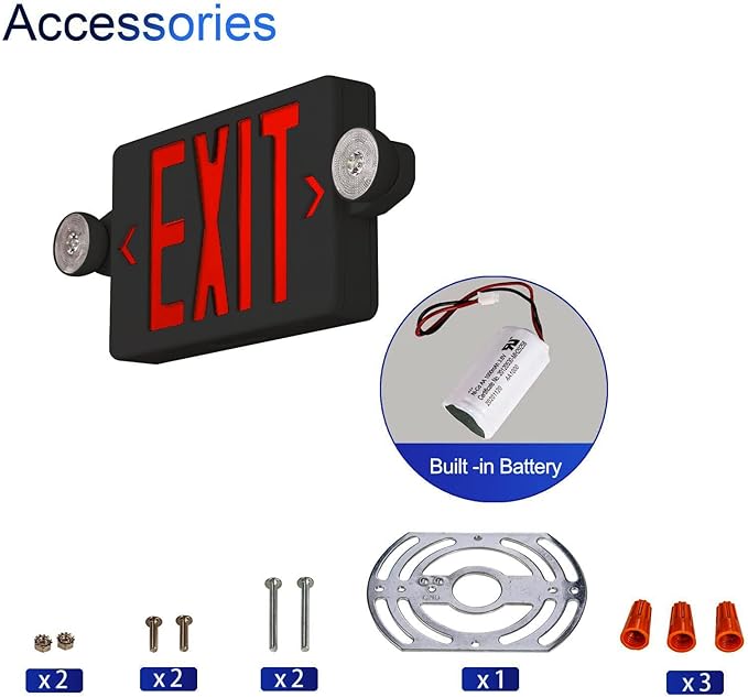 CM MZY Exit Sign with Emergency Lights, Exit Signs Light with Battery Backup,Red Emergency Lights with Black Housing, Two Adjustable Heads, Combo for Business,AC 120V/277V, UL Certified,2 Pack