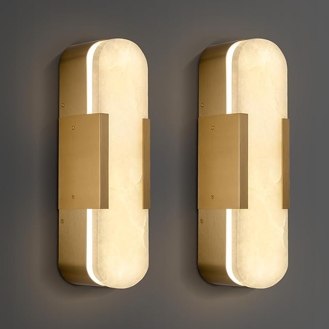 13.8 inch Alabaster Wall Sconces Set of Two, Natural Marble Wall Lighting, Brass Bedside Wall Lamp, Indoor Vanity Light Fixtures for Hallway,Bathroom Living Room (Including LED)