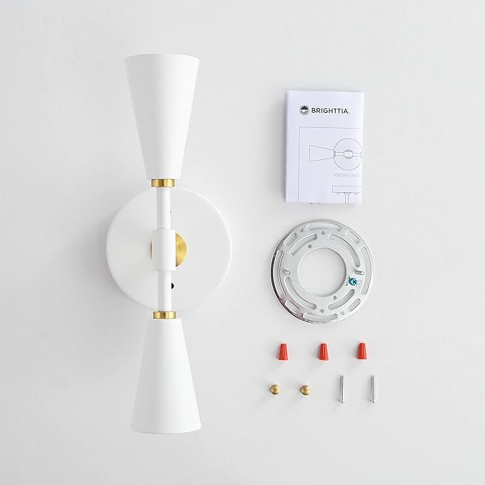 BRIGHTTIA Vicky 2 Light Cone Socket Wall Sconce - Mid Century Modern Fixture for Wall & Ceiling - Minimalist Edison Lamp for Hallway and Bathroom Vanity - White & Gold (BW0027-2WG)
