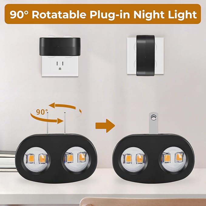 4-Pack LED Night Lights Plug into Wall, 2700K Soft White with Light Sensor, Ambient Lighting for Hallway, Bedroom, Bathroom, Nursery, Kitchen, Rotating Plug-in Night Light
