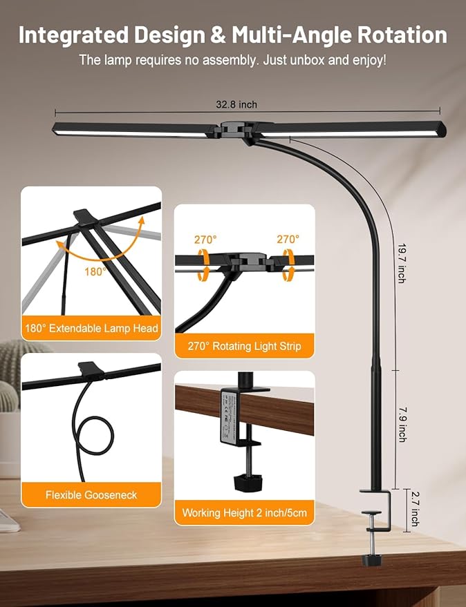 32.8'' Desk Lamp with Clamp for Home Office, Eye-Caring LED Desk Lamp, Dimmable Table Clip Lamp for Dual Screen Computer Monitor, Adjustable Color Lighting Mode Computer Monitor Light